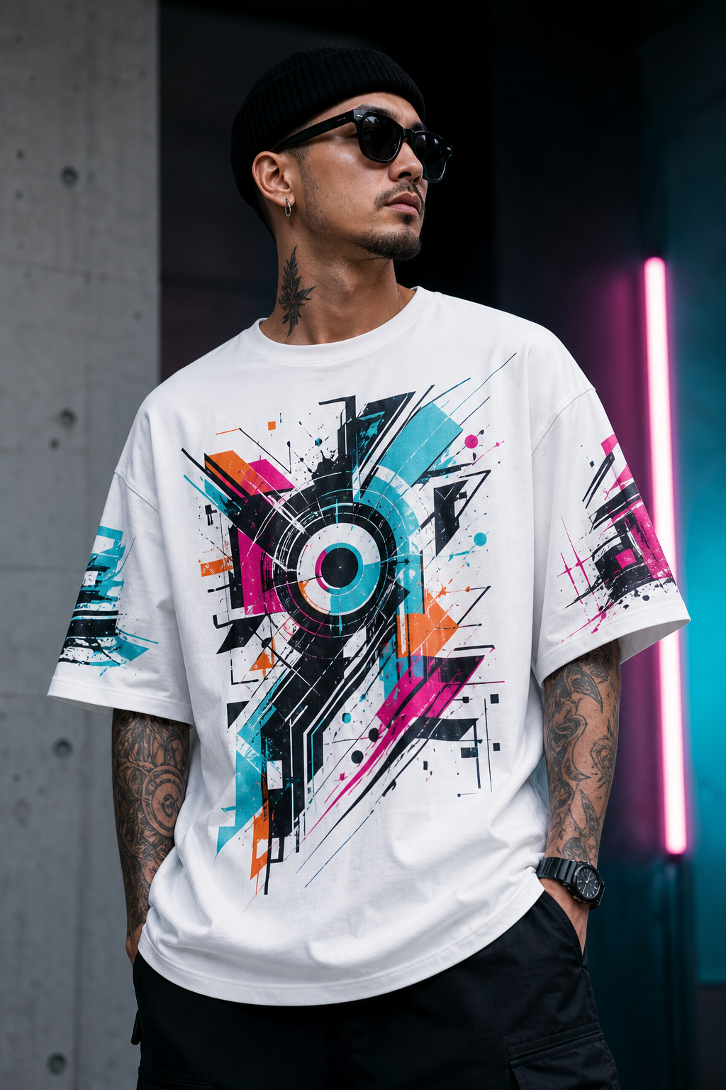 Model wearing a white multi-color custom graphic T-shirt