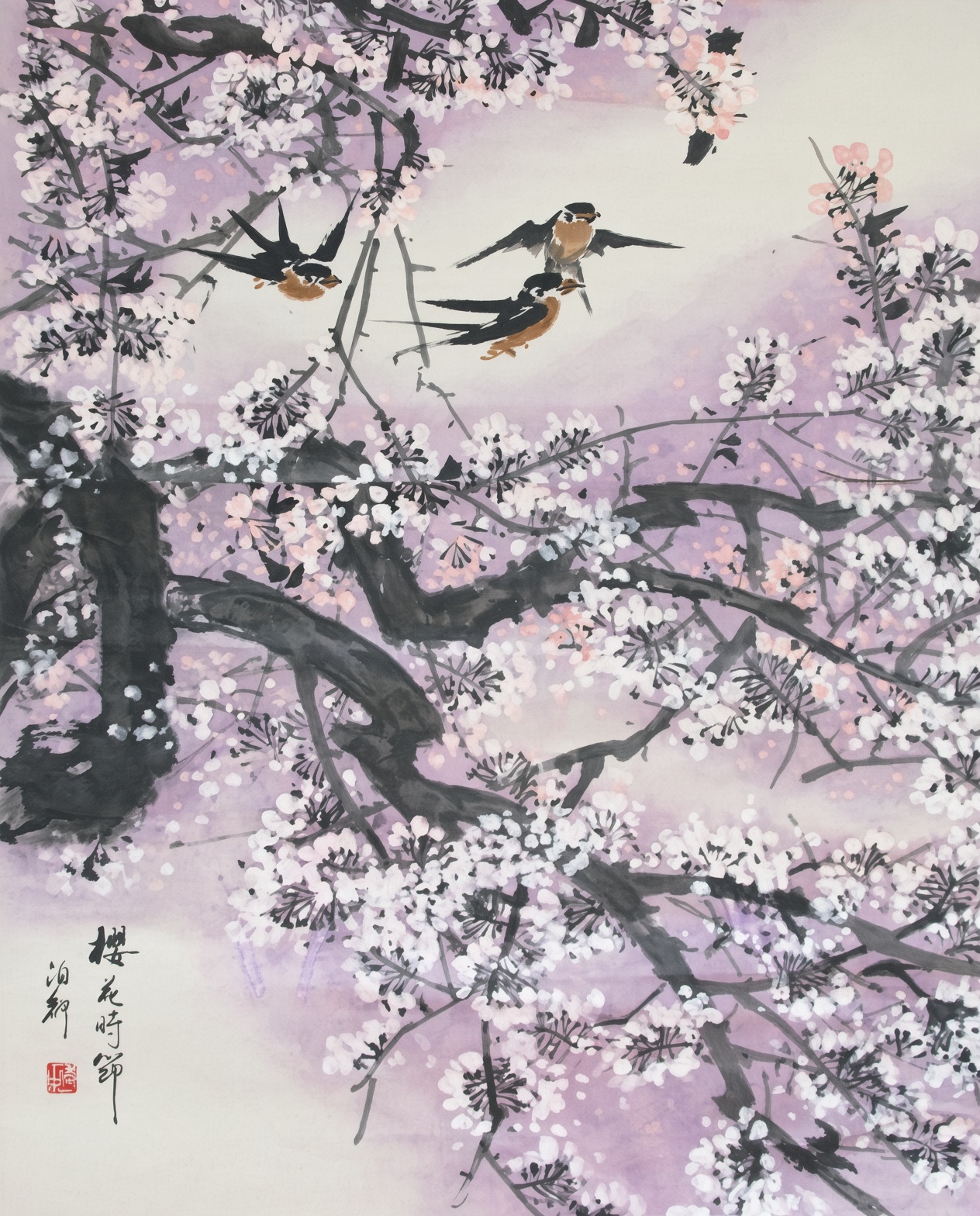 樱花时节花鸟绘画作品